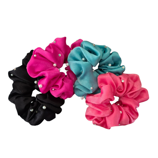 Satin Scrunchies with pearls and rhinestones (large)
